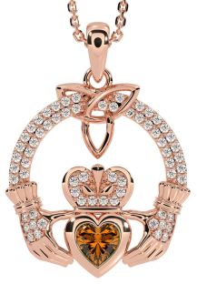 Diamond Citrine Rose Gold Claddagh Trinity knot Necklace
