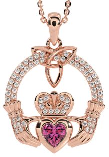 Diamond Pink Tourmaline Rose Gold Claddagh Trinity knot Necklace