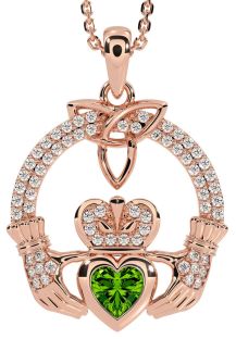 Diamond Peridot Rose Gold Claddagh Trinity knot Necklace