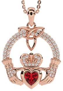 Diamond Ruby Rose Gold Claddagh Trinity knot Necklace