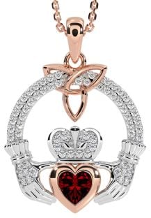 Diamond Garnet White Rose Gold Claddagh Trinity knot Necklace