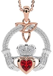 Diamond Ruby White Rose Gold Claddagh Trinity knot Necklace