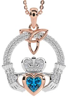 Diamond Topaz White Rose Gold Claddagh Trinity knot Necklace