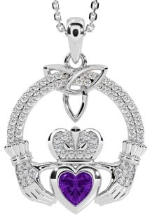 Diamond Amethyst Silver Claddagh Trinity knot Necklace