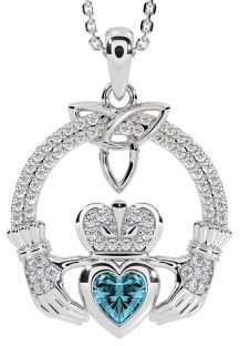 Diamond Aquamarine Silver Claddagh Trinity knot Necklace