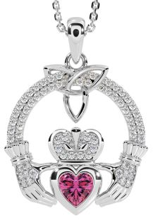 Diamond Pink Tourmaline Silver Claddagh Trinity knot Necklace
