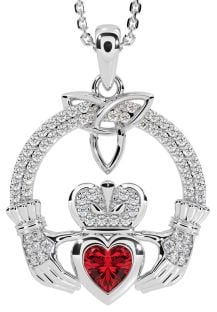 Diamond Ruby Silver Claddagh Trinity knot Necklace