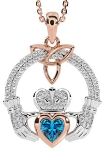 Diamond Topaz Rose Gold Silver Claddagh Trinity knot Necklace