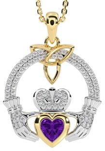 Diamond Amethyst Gold Silver Claddagh Trinity knot Necklace