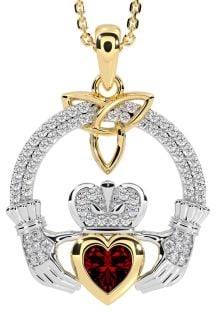 Diamond Garnet Gold Silver Claddagh Trinity knot Necklace