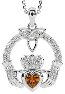 Diamond Citrine White Gold Claddagh Trinity knot Necklace