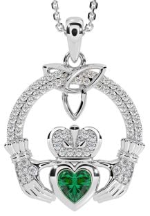 Diamond Emerald White Gold Claddagh Trinity knot Necklace