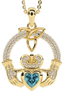 Diamond Aquamarine Gold Claddagh Trinity knot Necklace