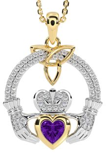 Diamond Amethyst White Yellow Gold Claddagh Trinity knot Necklace