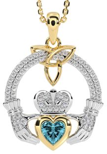 Diamond Aquamarine White Yellow Gold Claddagh Trinity knot Necklace