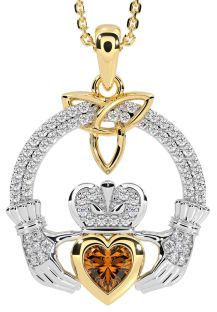 Diamond Citrine White Yellow Gold Claddagh Trinity knot Necklace