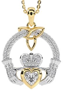 Diamond White Yellow Gold Claddagh Trinity knot Necklace