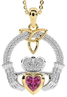 Diamond Pink Tourmaline White Yellow Gold Claddagh Trinity knot Necklace