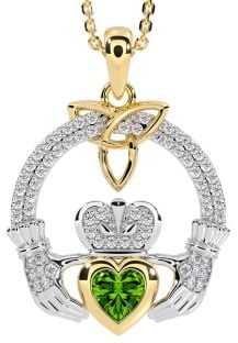 Diamond Peridot White Yellow Gold Claddagh Trinity knot Necklace