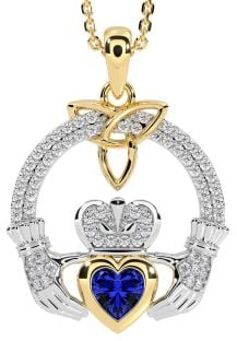 Diamond Sapphire White Yellow Gold Claddagh Trinity knot Necklace