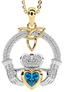 Diamond Topaz White Yellow Gold Claddagh Trinity knot Necklace