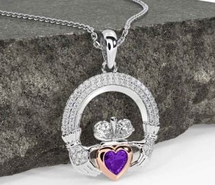 Diamond Amethyst Rose Gold Silver Claddagh Necklace