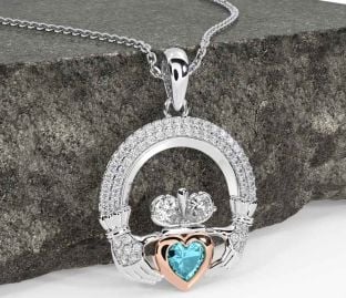 Diamond Aquamarine Rose Gold Silver Claddagh Necklace