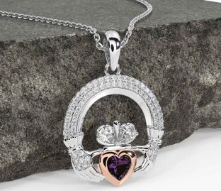 Diamond Alexandrite Rose Gold Silver Claddagh Necklace