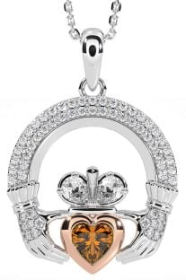 Diamond Citrine Rose Gold Silver Claddagh Necklace