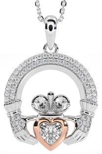 Diamond Rose Gold Silver Claddagh Necklace