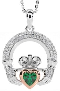 Diamond Emerald Rose Gold Silver Claddagh Necklace