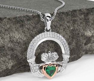 Diamond Emerald Rose Gold Silver Claddagh Necklace