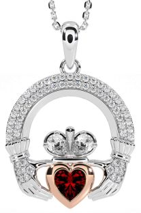 Diamond Garnet Rose Gold Silver Claddagh Necklace