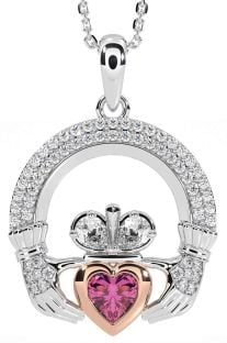 Diamond Pink Tourmaline Rose Gold Silver Claddagh Necklace