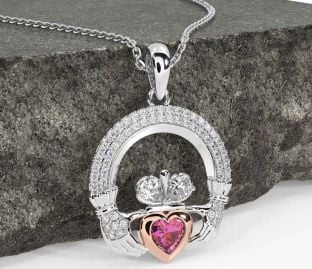 Diamond Pink Tourmaline Rose Gold Silver Claddagh Necklace