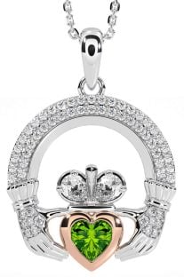 Diamond Peridot Rose Gold Silver Claddagh Necklace