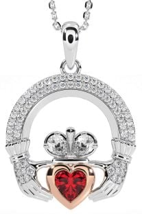 Diamond Ruby Rose Gold Silver Claddagh Necklace