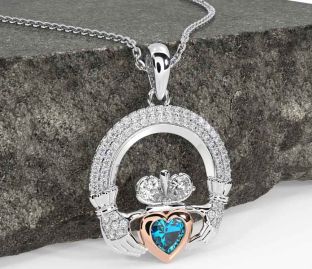 Diamond Topaz Rose Gold Silver Claddagh Necklace