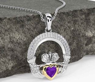 Diamond Amethyst Gold Silver Claddagh Necklace