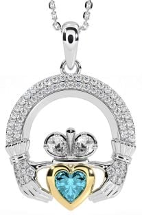 Diamond Aquamarine Gold Silver Claddagh Necklace