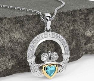 Diamond Aquamarine Gold Silver Claddagh Necklace