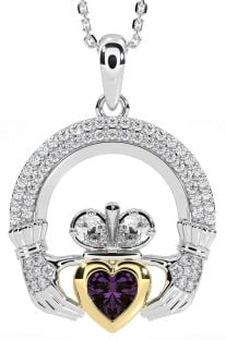 Diamond Alexandrite Gold Silver Claddagh Necklace