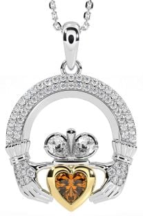 Diamond Citrine Gold Silver Claddagh Necklace