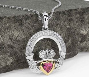 Diamond Pink Tourmaline Gold Silver Claddagh Necklace