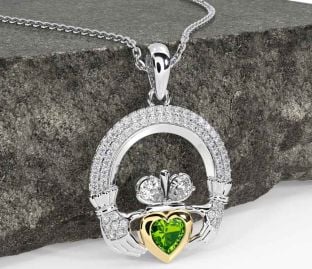 Diamond Peridot Gold Silver Claddagh Necklace