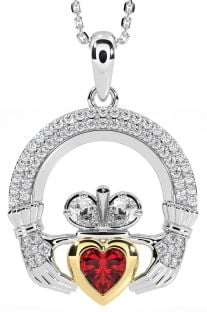 Diamond Ruby Gold Silver Claddagh Necklace