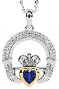 Diamond Sapphire Gold Silver Claddagh Necklace