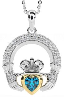 Diamond Topaz Gold Silver Claddagh Necklace