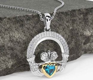 Diamond Topaz Gold Silver Claddagh Necklace