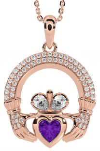 Diamond Amethyst Rose Gold Silver Claddagh Necklace